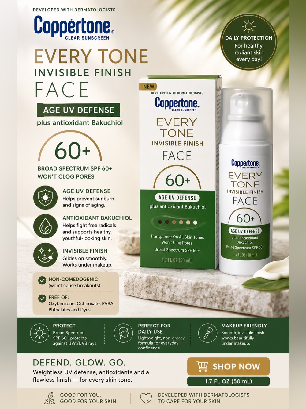 Coppertone Every Tone Invisible Finish Face SPF 60+ plus antioxidant Bakuchiol